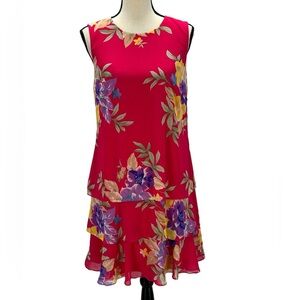 Lauren Ralph Lauren Sleeveless Floral Print Layer Bottom Midi Dress - Hot Pink